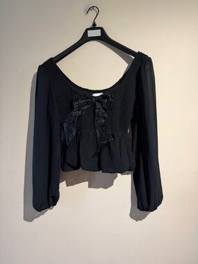 NATURAL LIFE Black Smocked Peplum Long-Sleeve Top